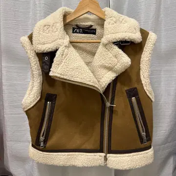 ZARA 쉘 퍼 베스트 M 브라운 아이보리