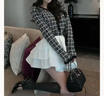 볼륨 프릴 트위드 니트 미니 원피스