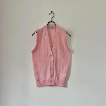 빈티지 니트 베스트 V넥 베스트 무지 레트로 핑크 M 꽈배기