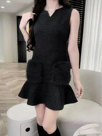 [택 포함 새상품] 루미뇽 pocket fur op 블랙 트위드 원피스