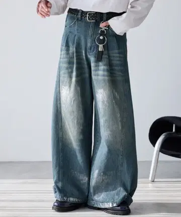 Spielio 빈티지풍 호일 프린트 와이드 데님 팬츠