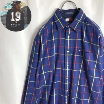 90s 구제 의류 타미힐피거 체크 무늬 긴팔 셔츠 플래그 자수 로고 M