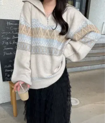 [ 작은 키 사이즈 있음 ] 노르딕 무늬 하프 지퍼 니트