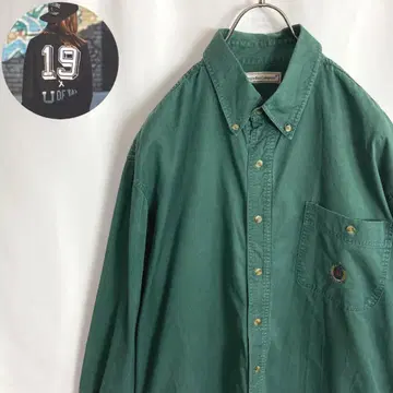 빈티지 US 구제 의류 긴팔 BD 셔츠 원포인트 자수 로고 그린 XL