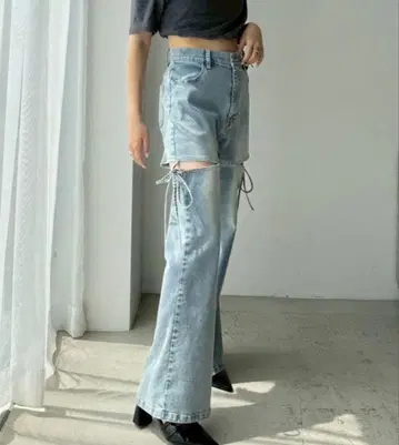 NICE CLAUP 사이드 오픈 플레어 데님 사이드 리본 데님