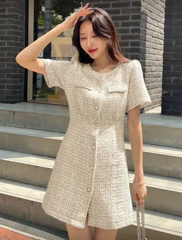 베이지 트위드 드레스
