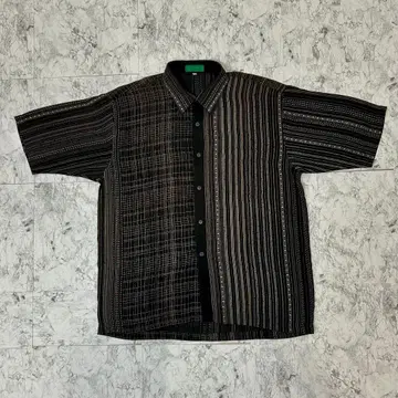 CARVEN PARIS 비대칭 스트라이프 체크 절개 반팔 셔츠