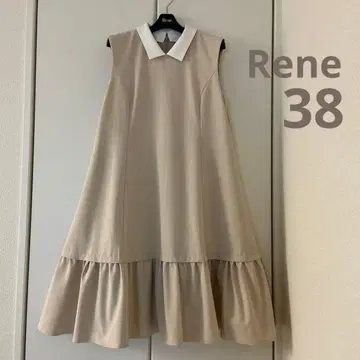 컨디션 최상 레어 38 Rene 화이트 카라 스트라이프 원피스 베이지