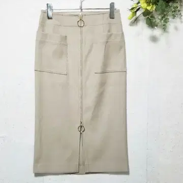 고품질 노블 (36 S~M) 베이지 타이트 스커트 앞 슬릿 더블 지퍼