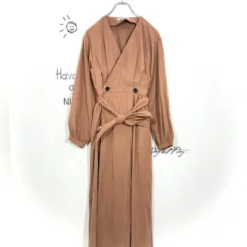 더즈린 원피스(F) 얇은 소재 스프링 브라운 벨트 노카라 무지