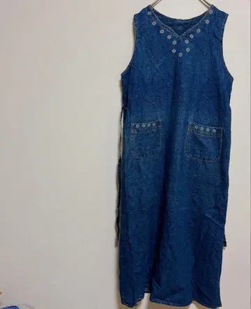 자수 데님 롱 원피스 블루