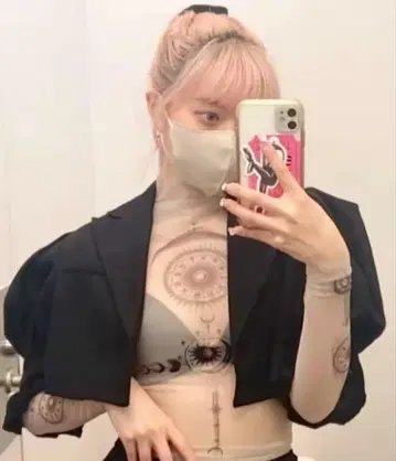 긴팔 타투 메쉬 상의 여성 Y2K 시스루 왕홍 한국