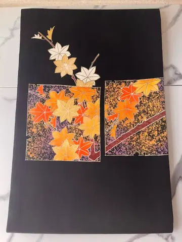 열림 나고야 오비 블랙 베이스 골드 컬러 오렌지 단풍 순수 실크 새상품급