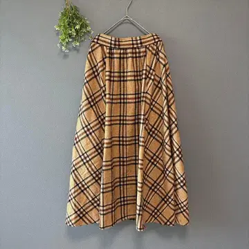 테라웨어 M 고급 내추럴 울 혼방 체크 무늬 롱 플레어 스커트