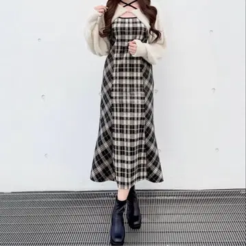 NOMAE 샤기 볼레로 롱 체크 원피스