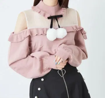 Ank Rouge 폼폼 리본 오프숄더 니트