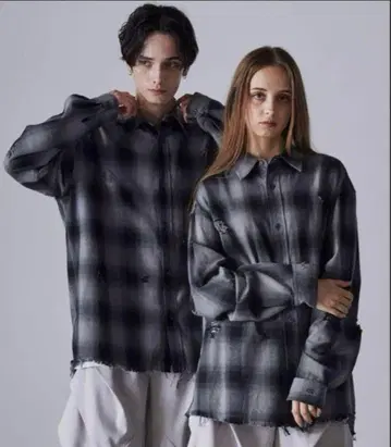 [ CLEL ] 빈티지 디자인 데미지 체크 셔츠 M