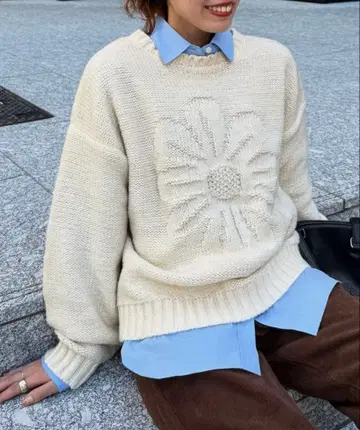 CPCM 동일 컬러 꽃 패턴 자카드 니트