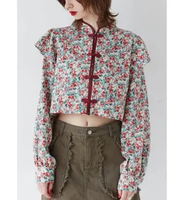 jouetie 숄더 프릴 숏 차이나 셔츠 빨간색