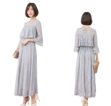 새상품 꽃무늬 레이스 튤 롱 원피스 드레스 튤 그레이 소매 있음