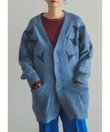 필드 페르 웨스턴 모티브 자수 미들 기장 가디건 블루