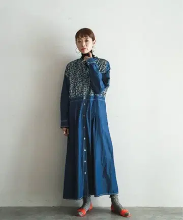 필드페 데님 x 플라워 콤비 롱 원피스