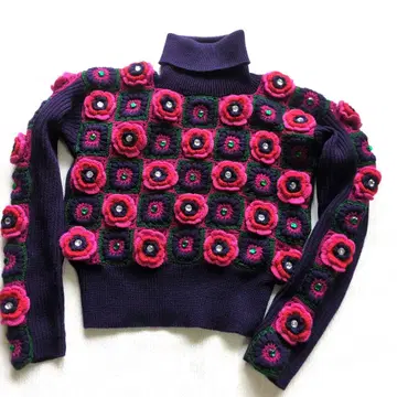 KYOKO HIGA 빈티지 울 100% 사각 모티브 니트 일본제