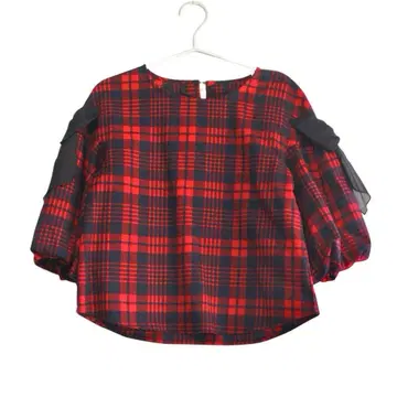 tocco closet [펄 버튼] 리본 포함 체크 블라우스 퍼프 슬리브