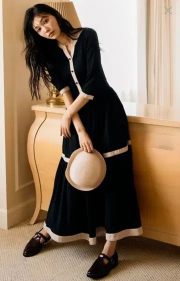 라메 믹스 배색 가디건풍 도킹 원피스