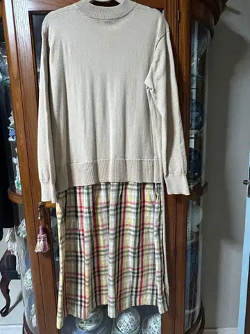 아놀드 파머 베이지 니트 원피스 가디건 체크 무늬 L