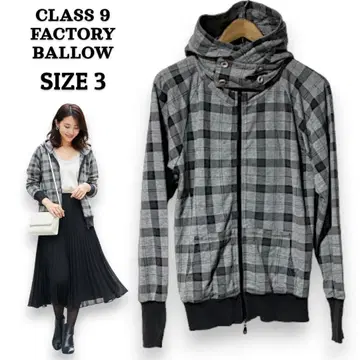 BALLOW 체크 무늬 지퍼 후드티 볼륨 넥 SIZE 3 그레이
