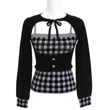 HONEYMEW 깅엄 앙상블 상의 블랙 허니뮤우