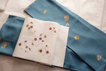 순수 실크 코몬 스카이블루 조개 맞춤 금채 크레이프 원단 겐지 조개