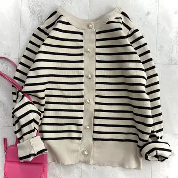 나노 유니버스 라이트 스폰디쉬 펄 버튼 가디건 보더 무늬