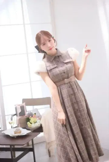 미스트레스 Fur Sleeve Plaid Shirt Dress