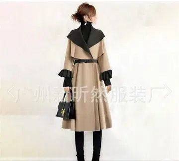 노치드 칼라 컬러 블록 프릴 슬리브 허리 쉐이프 코트