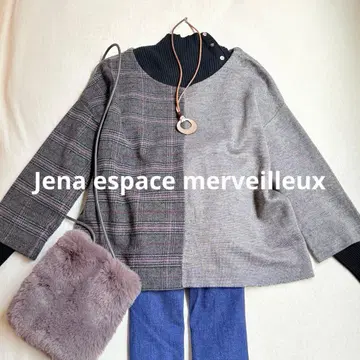 제나 에스파스 메르베유 이소재 니트 그레이 체크 무늬 7분 소매 리본