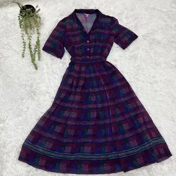 레트로 셔츠 원피스 보라색 체크 비침 안감 부착 M 상당 롱 플레어