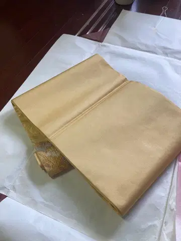 골드 컬러 실크 후쿠로 오비 꽃무늬