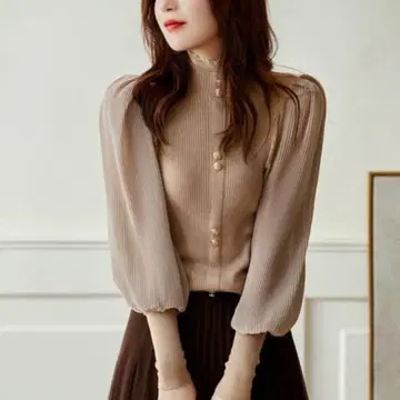 Waverry 골격 웨이브 의류 벌룬 슬리브 니트탑 라이트 브라운