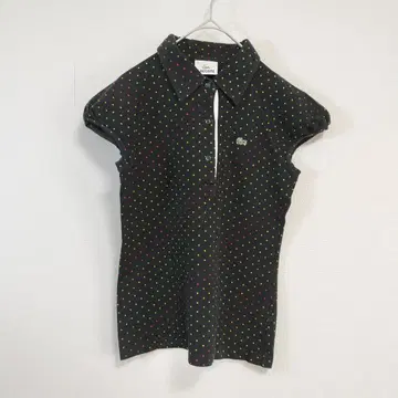 LACOSTE 도트 무늬 피케 셔츠 38 블랙 로고 자수 면 혼방 반팔