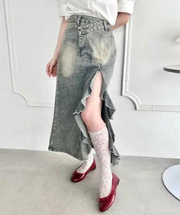 프릴 슬릿 데님 롱 스커트