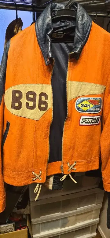 no wear 오렌지 네이비 가죽 자켓 M