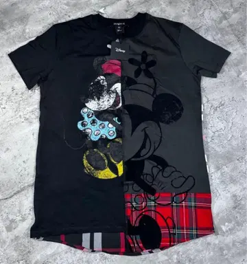데시구알 디즈니 미니 빈티지 가공 타탄 체크 이소재 T셔츠