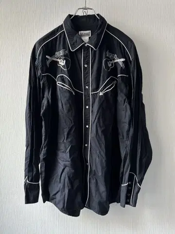 90s UExpress RIDER 웨스턴 셔츠 블랙 기타 음표 자수