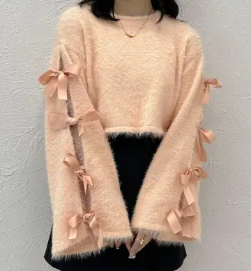 [ apres jour clair ] 소매 리본 샤기 니트 핑크