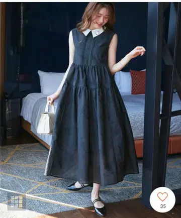 루일 에 부티크 카라 부착 자카드 개더 원피스 네이비 LL