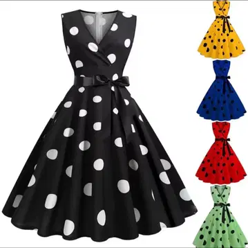 레트로 80년대 도트 플레어 원피스 3개 세트 (블랙, 노랑, 그린)