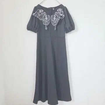 SHEIN 자수 원피스 L 블랙 롱 기장 퍼프 슬리브 반팔