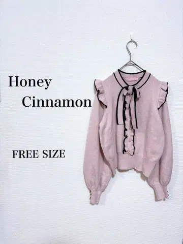 허니시나몬 어깨 프릴 배색 리본 니트 핑크